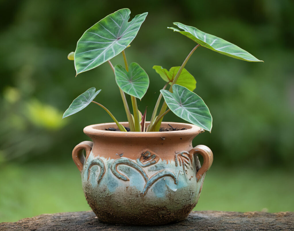 Small Taro plant in a decorative, unique pot