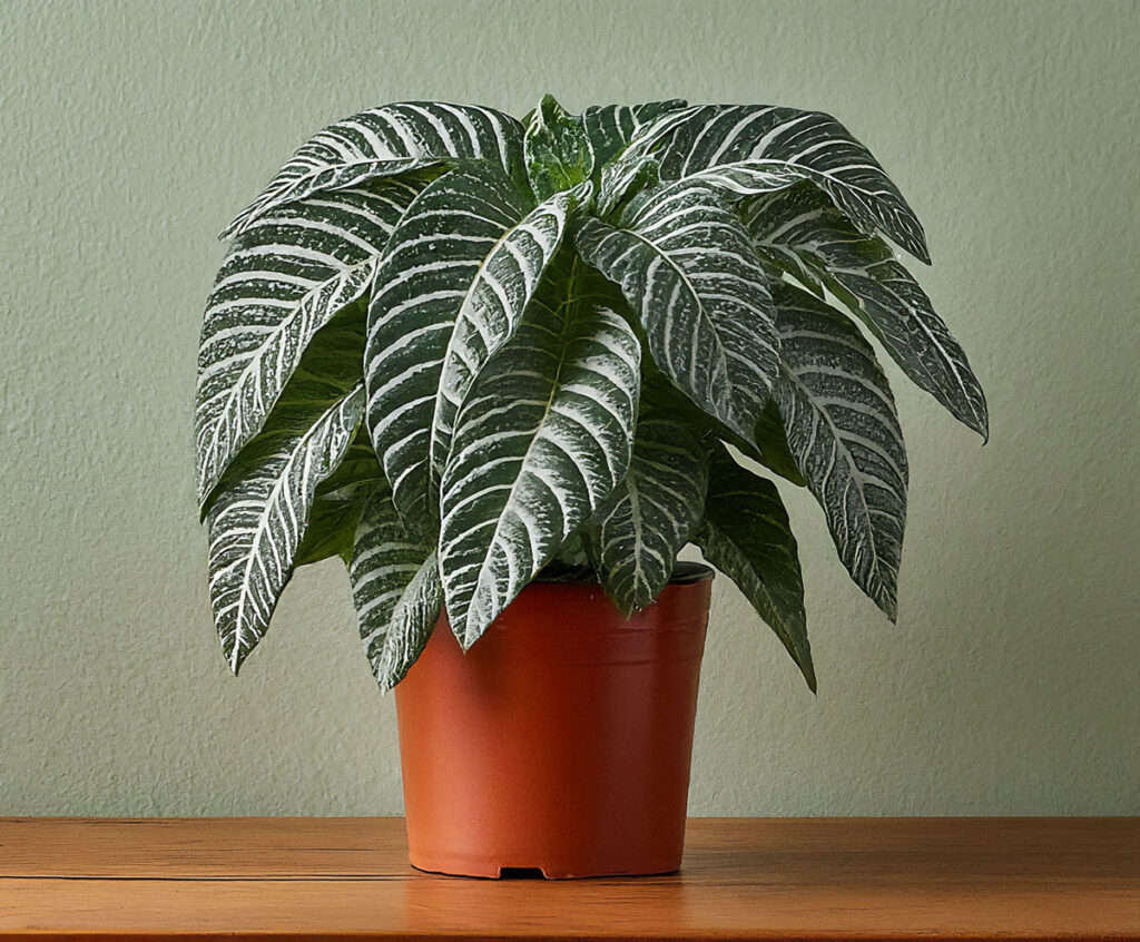 Zebra plant with unique leaves in an orange pot on a table