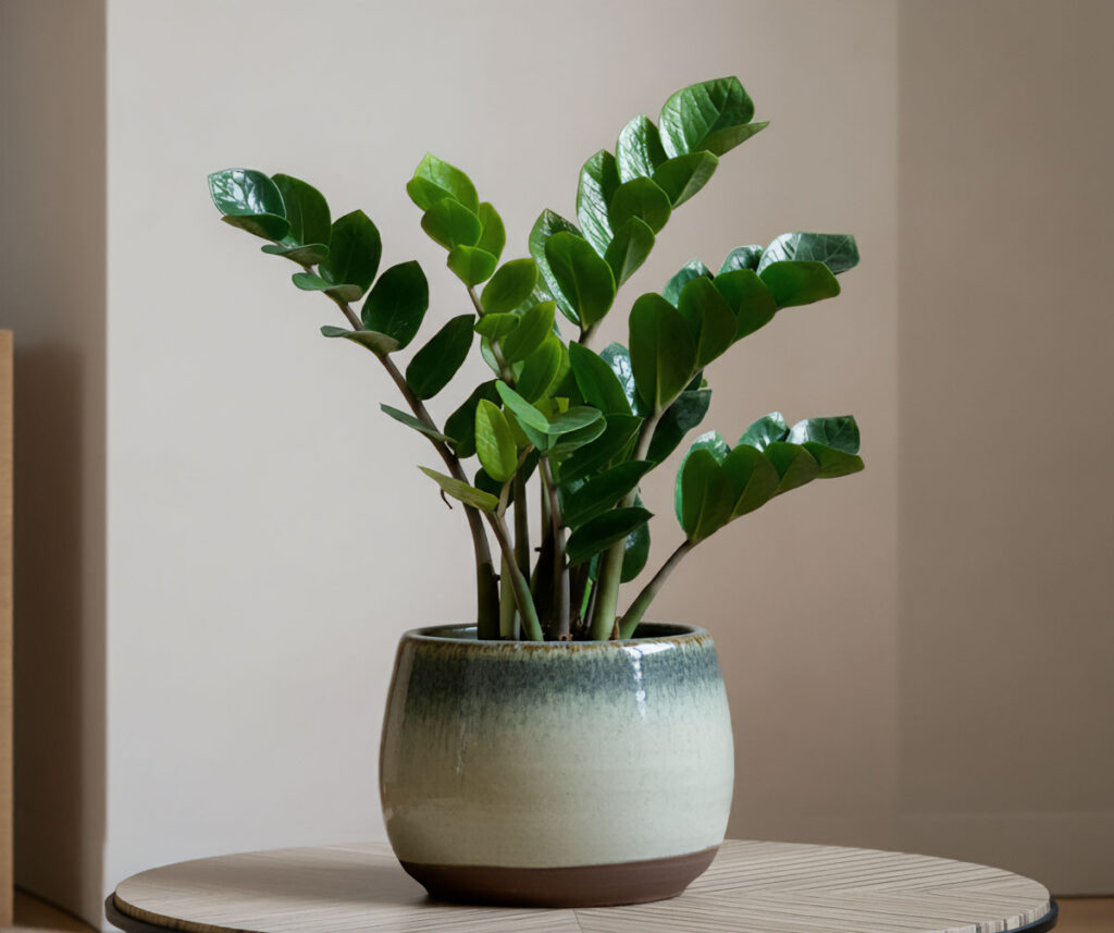 ZZ plant in a glazed ceramic pot placed on a round wooden table