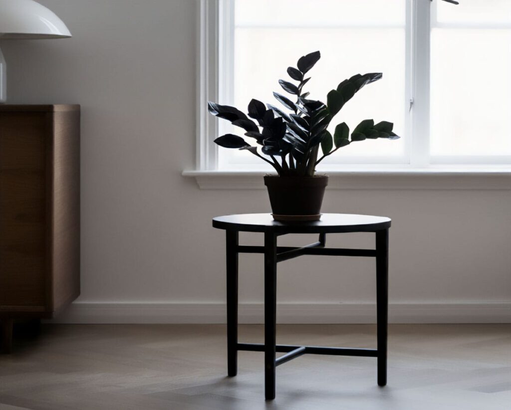 Black ZZ plant on an accent table in a minimal living room