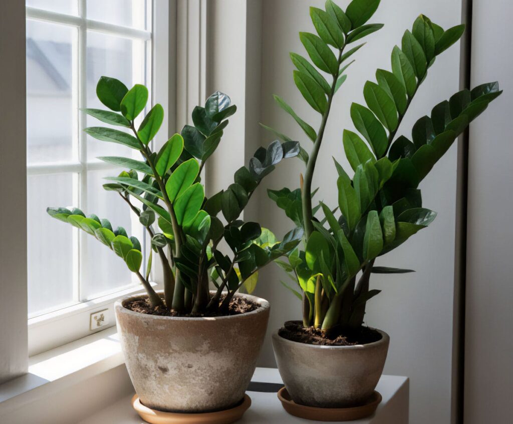 Two ZZ plants by a window in a cozy room