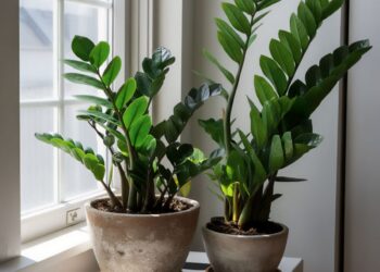 Two ZZ plants by a window in a cozy room