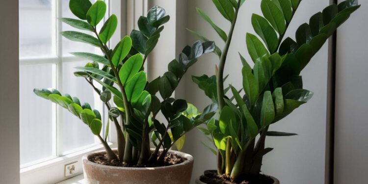 Two ZZ plants by a window in a cozy room