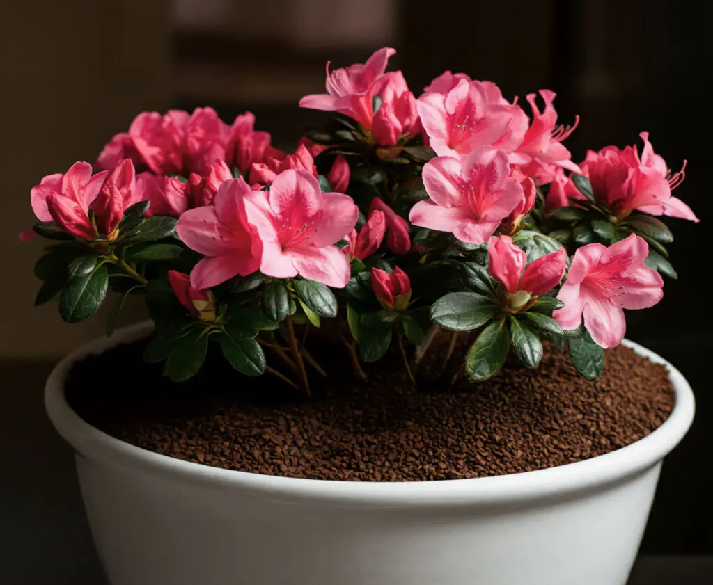 A potted plant with bright pink flowers and green leaves in a white ceramic pot