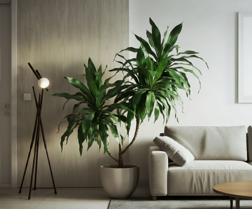 Tall Dracaena Fragrans (Corn Plant) in a sleek pot, complementing modern living decor