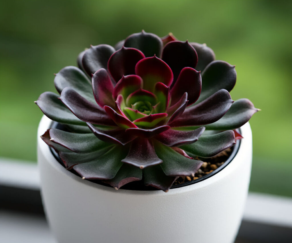 Echeveria Black Prince succulent with dark burgundy rosette leaves in a white pot