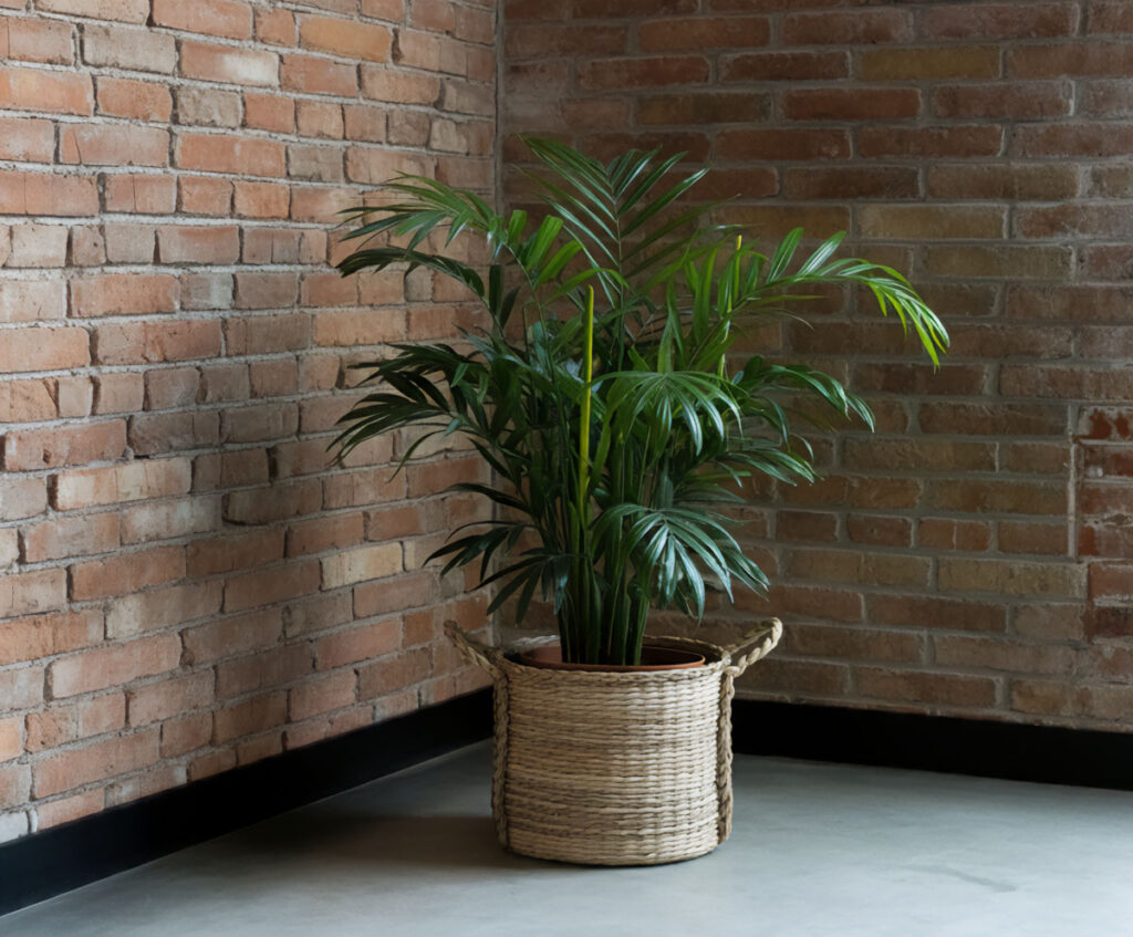 Parlor Palm in a stylish basket, enhancing the rustic charm of an exposed brick wall