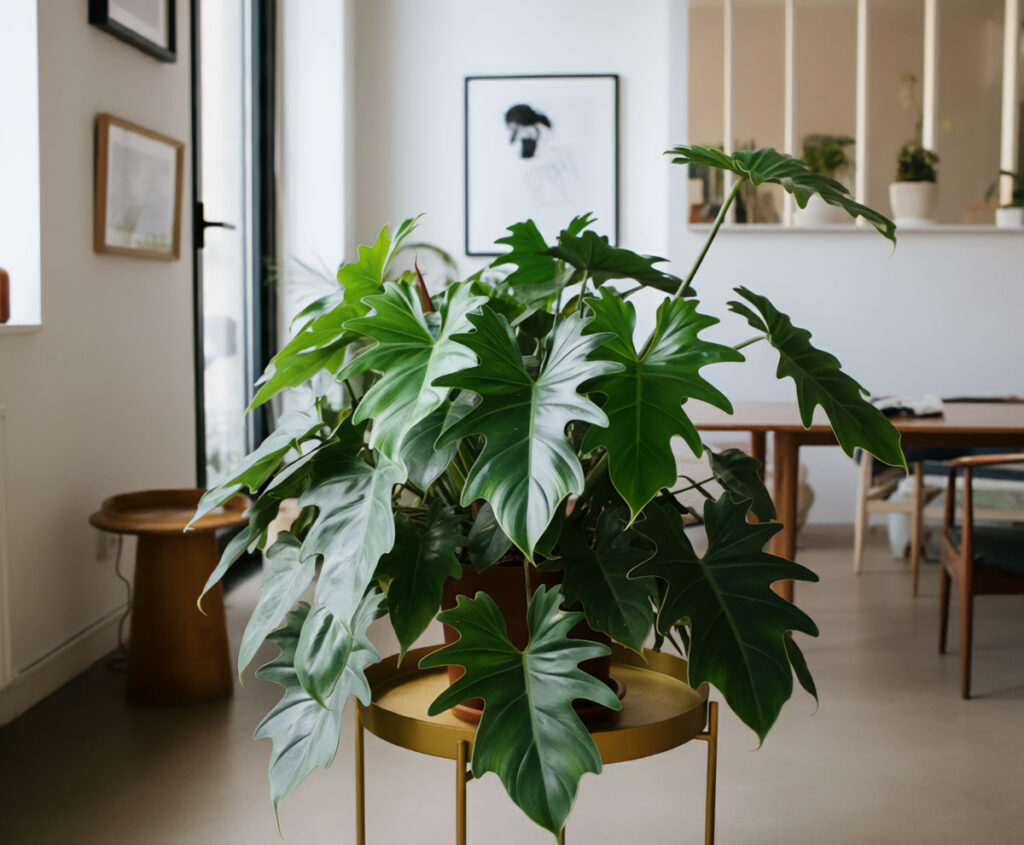 Lush Philodendron Bipinnatifidum with deep green, split leaves in modern indoor space