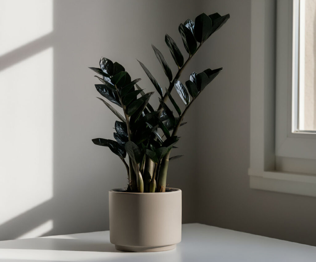 Zamioculcas zamiifolia Raven with glossy, dark purple-black leaves in a beige pot near a window