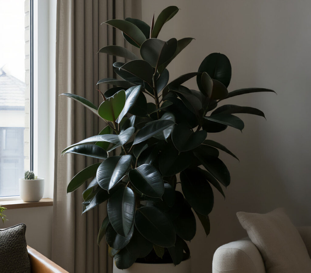 Elegant Rubber Plant with dark green leaves, perfectly situated near a cozy window seat