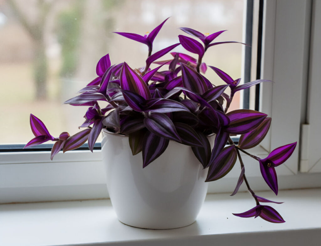 Wandering Jew plant with bold purple and green striped leaves by the window