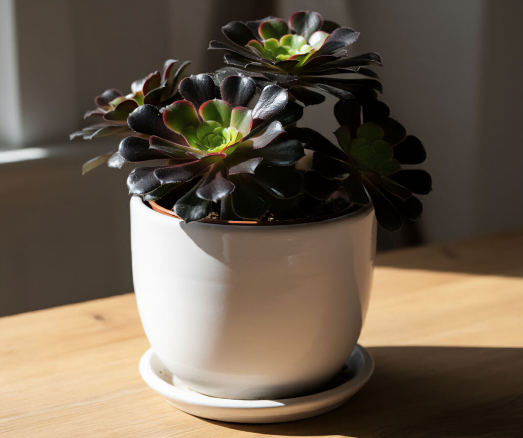 Aeonium Arboreum Zwartkop with dark black rosettes and green centers in a white pot