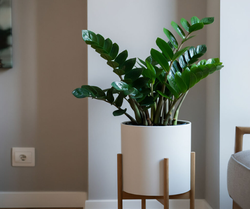 A ZZ plant with glossy leaves in a modern pot, recently cleaned with neem oil