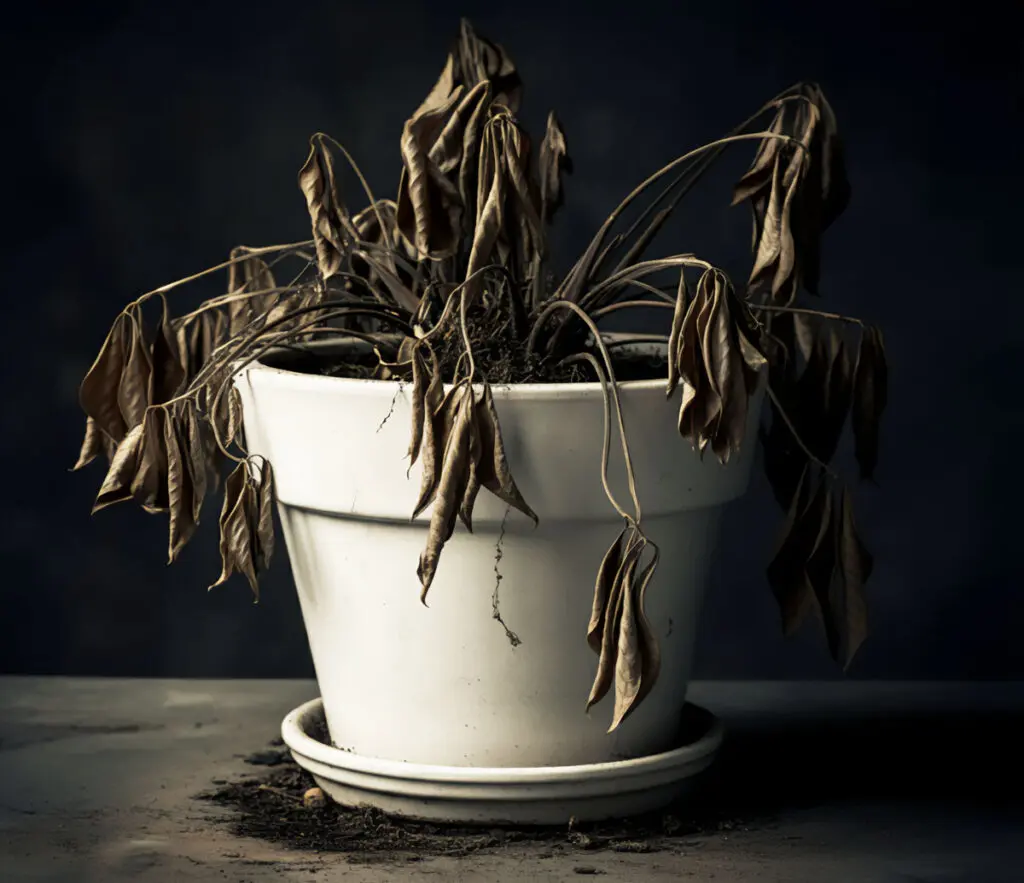 Wilted plant in a white pot with drooping, brown leaves