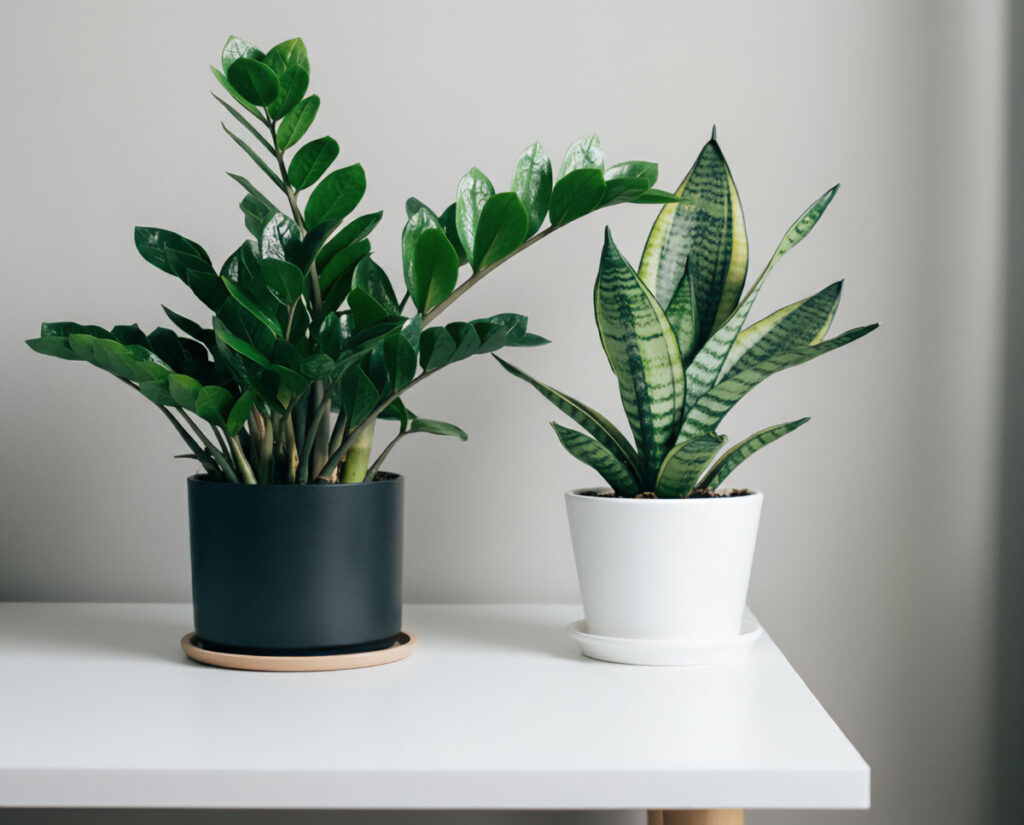 Two potted indoor plants on a white table, one with green upright leaves and one with striped leaves.