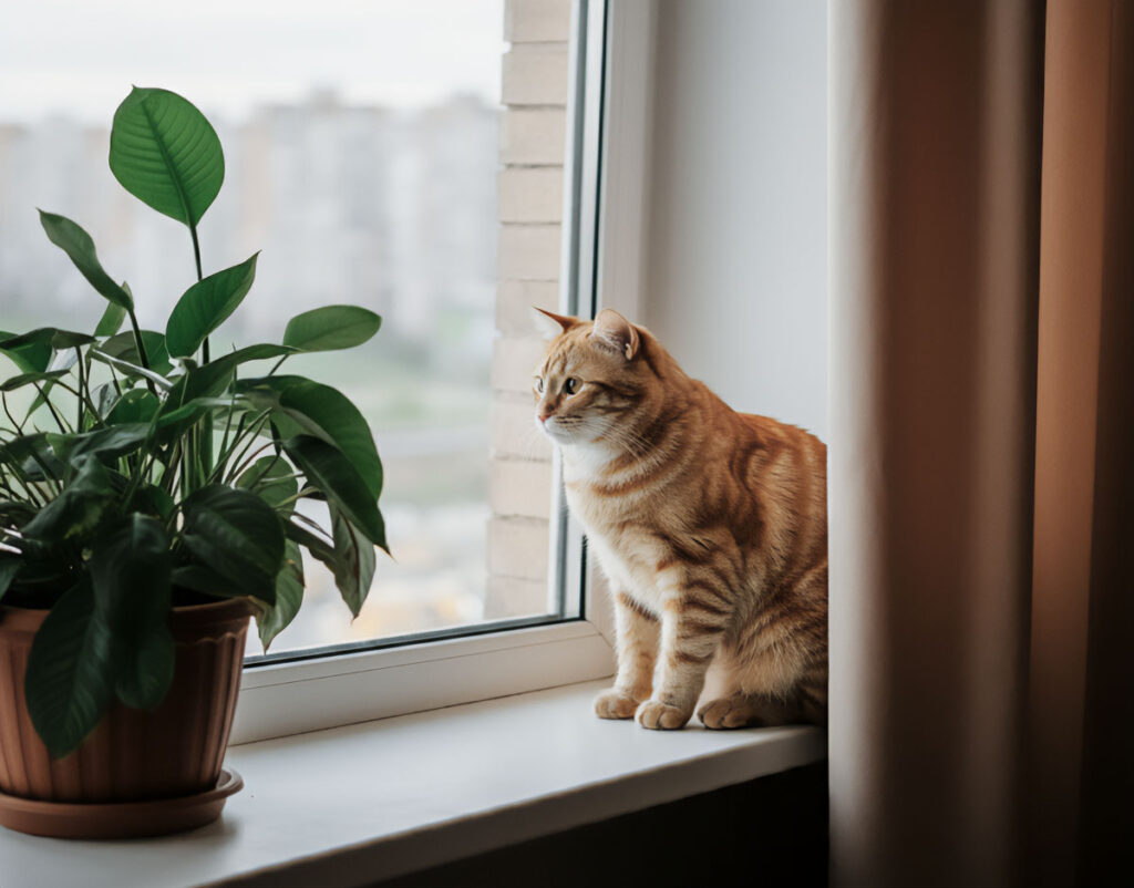 Orange tabby cat sitting on a windowsill next to a green potted plant