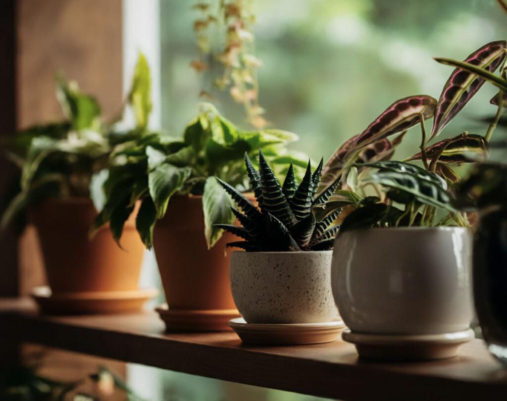 arious potted plants in different containers on a wooden shelf by a window