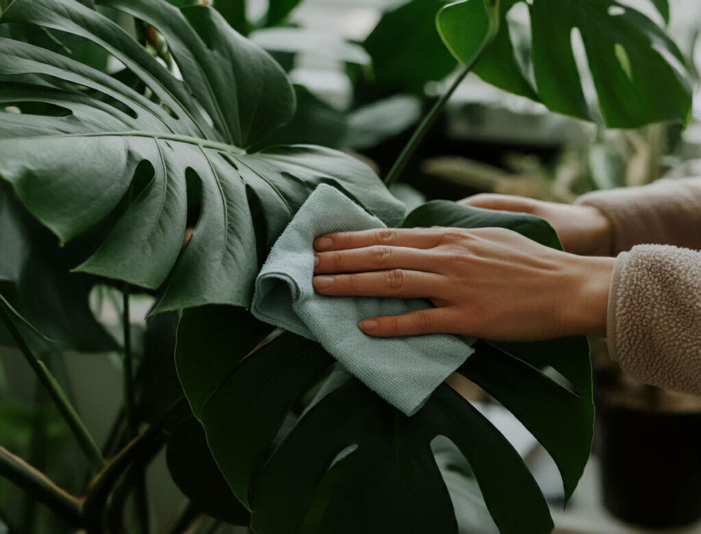 Person wiping large Monstera leaf with a soft cloth for plant care