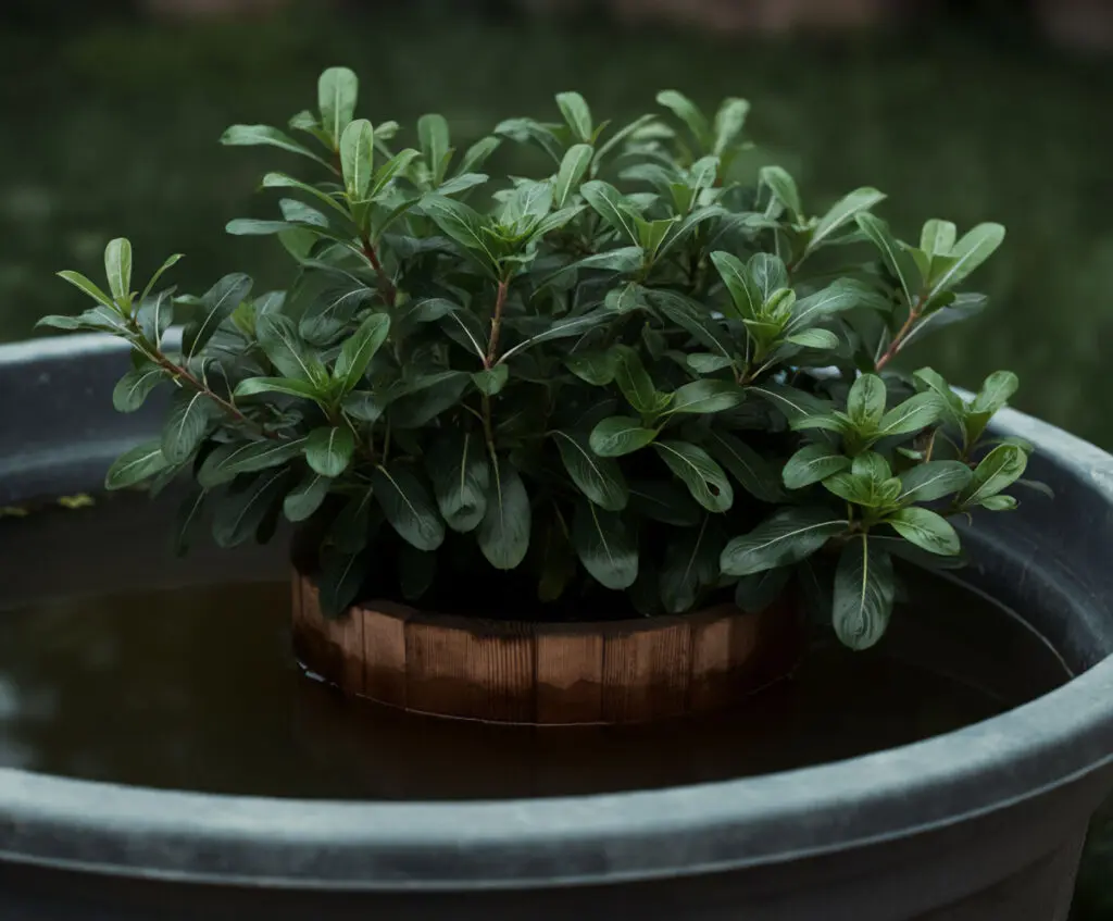 Green leafy plant floating in water, placed there to keep ants away