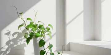 Pothos plant in white pot in a minimal, modern room
