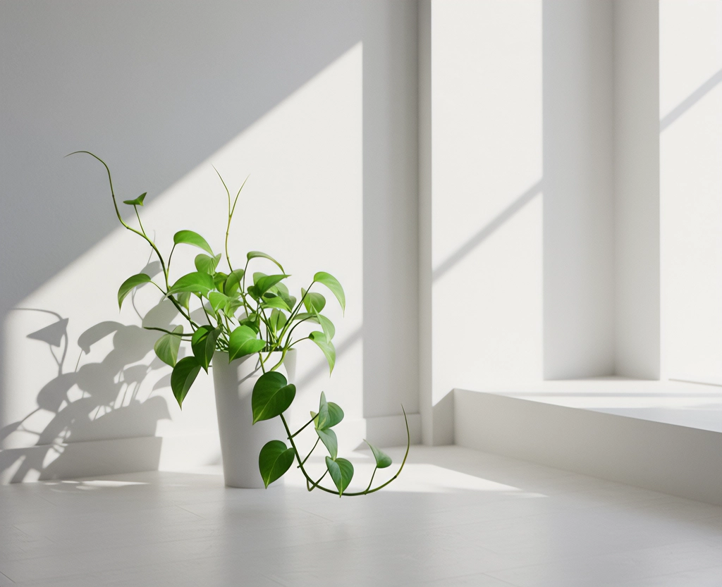 Pothos plant in white pot in a minimal, modern room